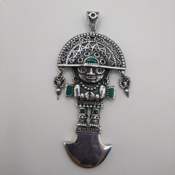 Peruvian necklace in 950 sterling silver with turquoise natural stone tumi desig - Picture 3 of 10